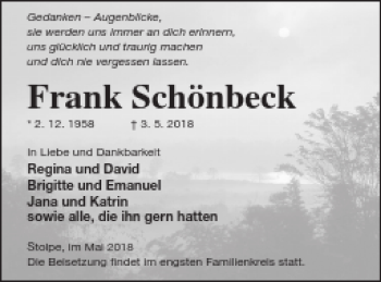 Traueranzeige von Frank Schönbeck von Strelitzer Zeitung