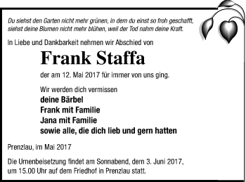 Traueranzeige von Frank Staffa von Prenzlauer Zeitung