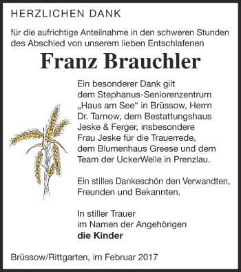 Traueranzeige von Franz Brauchler von Prenzlauer Zeitung