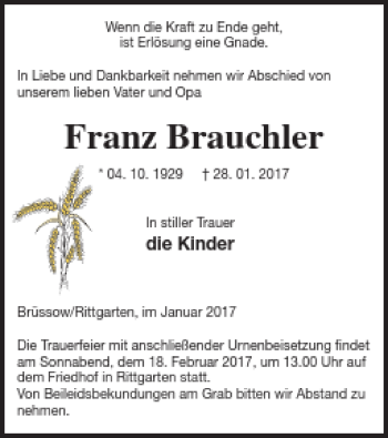 Traueranzeige von Franz Brauchler von Prenzlauer Zeitung