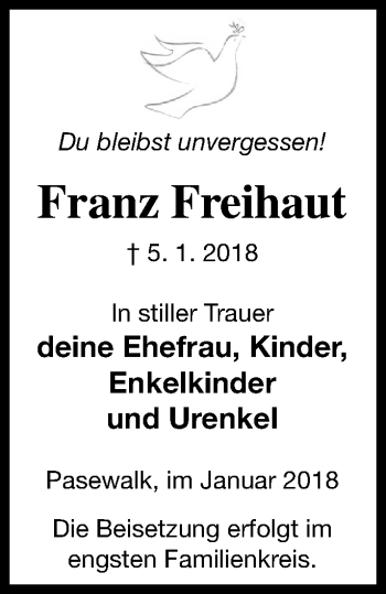 Traueranzeige von Franz Freihaut von Pasewalker Zeitung
