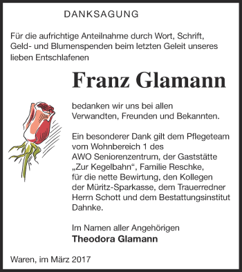 Traueranzeige von Franz Glamann von Müritz-Zeitung