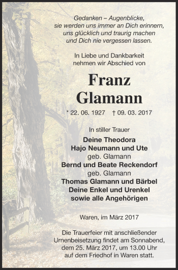 Traueranzeige von Franz Glamann von Müritz-Zeitung