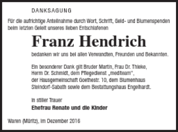 Traueranzeige von Franz Hendrich von Müritz-Zeitung