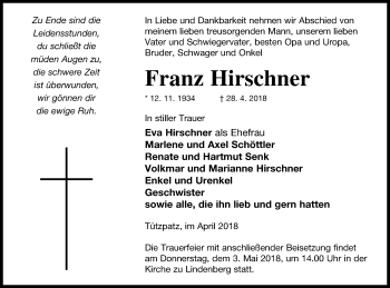 Traueranzeige von Franz Hirschner von Demminer Zeitung