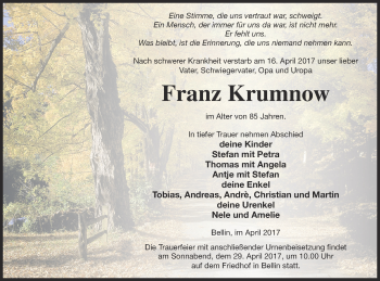 Traueranzeige von Franz Krumnow von Haff-Zeitung