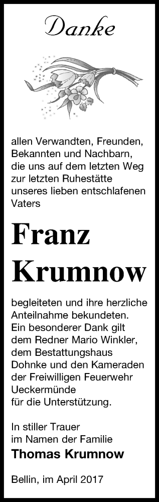 Traueranzeige von Franz Krumnow von Haff-Zeitung