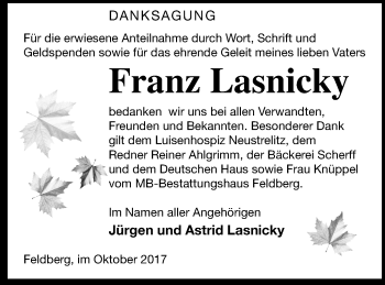 Traueranzeige von Franz Lasnicky von Strelitzer Zeitung