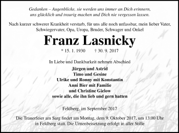 Traueranzeige von Franz Lasnicky von Strelitzer Zeitung