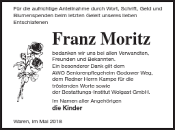 Traueranzeige von Franz Moritz von Müritz-Zeitung