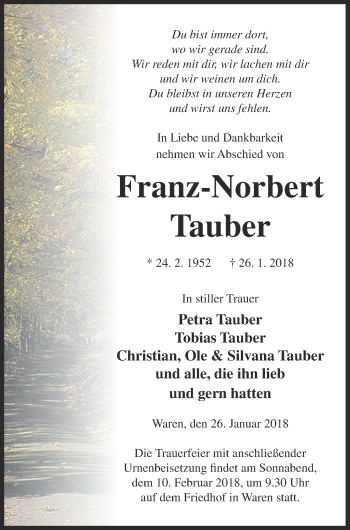Traueranzeige von Franz-Norbert Tauber von Müritz-Zeitung