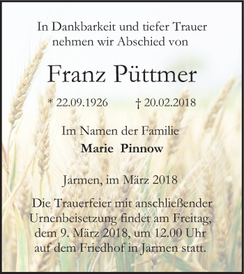 Traueranzeige von Franz Püttmer von Vorpommern Kurier