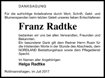 Traueranzeige von Franz Radtke von Mecklenburger Schweiz