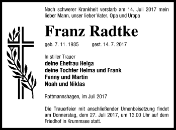 Traueranzeige von Franz Radtke von Mecklenburger Schweiz