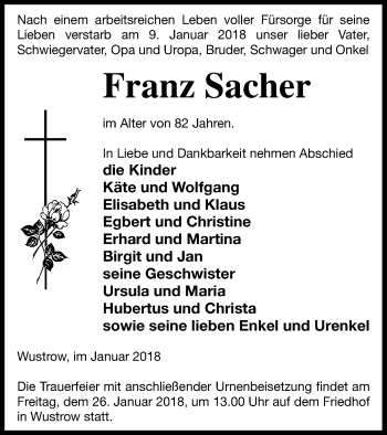 Traueranzeige von Franz Sacher von Strelitzer Zeitung