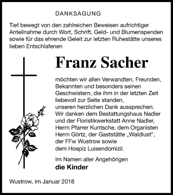 Traueranzeige von Franz Sacher von Strelitzer Zeitung