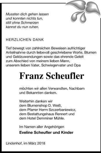 Traueranzeige von Franz Scheufler von Demminer Zeitung