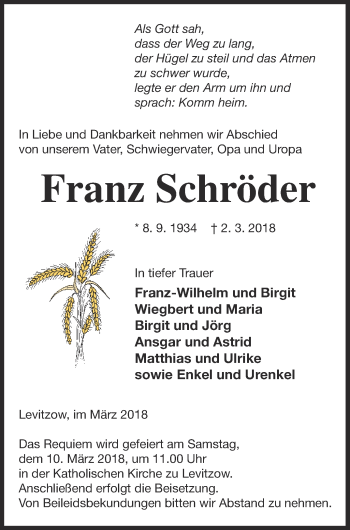 Traueranzeige von Franz Schröder von Mecklenburger Schweiz