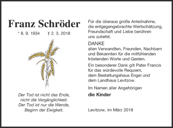 Traueranzeige von Franz Schröder von Mecklenburger Schweiz