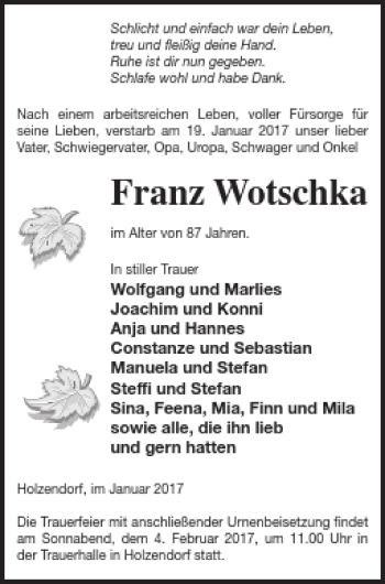 Traueranzeige von Franz Wotschka von Strelitzer Zeitung