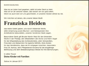 Traueranzeige von Franziska Heiden von Müritz-Zeitung