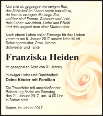 Traueranzeige von Franziska Heiden von Müritz-Zeitung