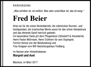 Traueranzeige von Fred Beier von Strelitzer Zeitung