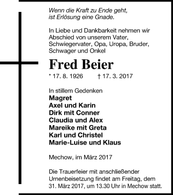 Traueranzeige von Fred Beier von Strelitzer Zeitung