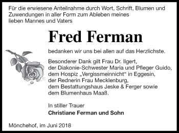 Traueranzeige von Fred Ferman von Prenzlauer Zeitung