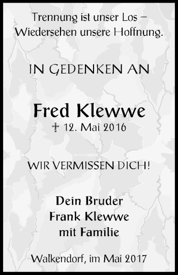 Traueranzeige von Fred Klewwe von Mecklenburger Schweiz