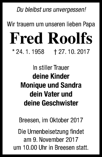 Traueranzeige von Fred Roolfs von Neubrandenburger Zeitung