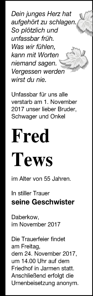 Traueranzeige von Fred Tews von Vorpommern Kurier