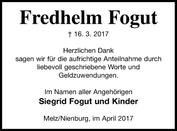 Traueranzeige von Fredhelm Fogut von Müritz-Zeitung