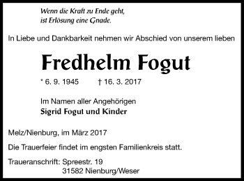 Traueranzeige von Fredhelm Fogut von Müritz-Zeitung