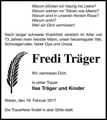 Traueranzeige von Fredi Träger von Müritz-Zeitung