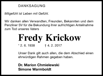 Traueranzeige von Fredy Krickow von Müritz-Zeitung