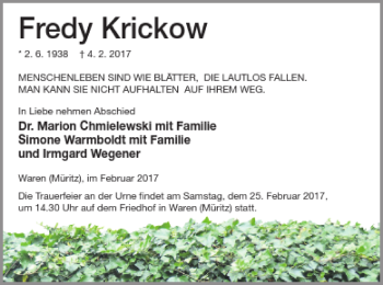 Traueranzeige von Fredy Krickow von Müritz-Zeitung