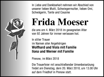 Traueranzeige von Frida Moeser von Neubrandenburger Zeitung