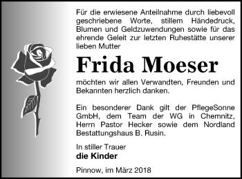 Traueranzeige von Frida Moeser von Neubrandenburger Zeitung