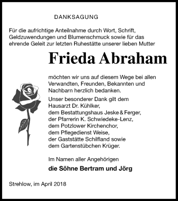 Traueranzeige von Frieda Abraham von Prenzlauer Zeitung