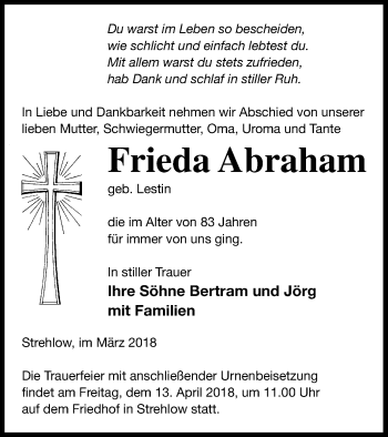 Traueranzeige von Frieda Abraham von Prenzlauer Zeitung