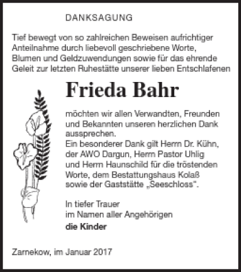 Traueranzeige von Frieda Bahr von Mecklenburger Schweiz