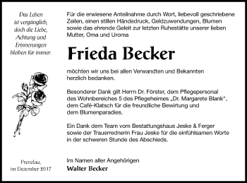 Traueranzeige von Frieda Becker von Prenzlauer Zeitung