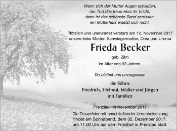 Traueranzeige von Frieda Becker von Prenzlauer Zeitung
