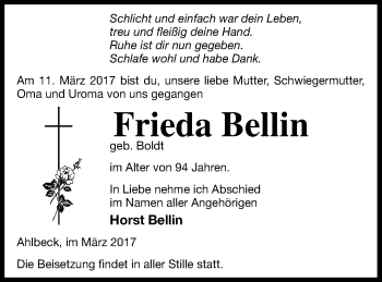 Traueranzeige von Frieda Bellin von Haff-Zeitung