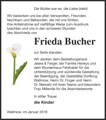 Traueranzeige von Frieda Bucher von Prenzlauer Zeitung