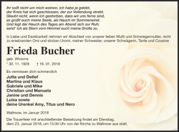 Traueranzeige von Frieda Bucher von Prenzlauer Zeitung