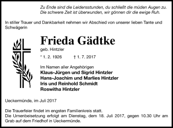 Traueranzeige von Frieda Gädtke von Haff-Zeitung