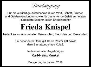 Traueranzeige von Frieda Knispel von Demminer Zeitung