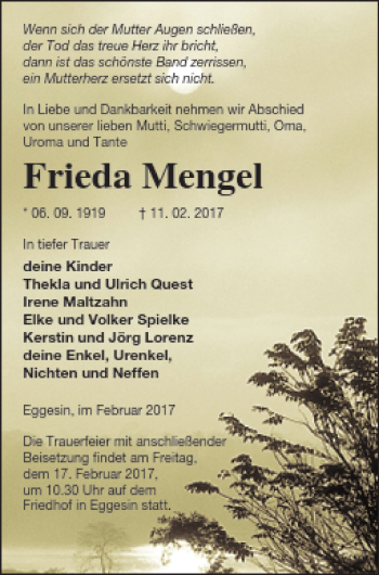 Traueranzeige von Frieda Mengel von Haff-Zeitung